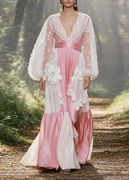 French Pink V Neck Lace Patchwork Silk Dress Spring