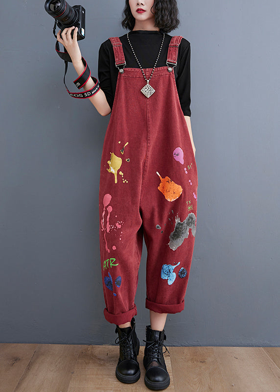 Black Painting Print Denim Jumpsuit Spring