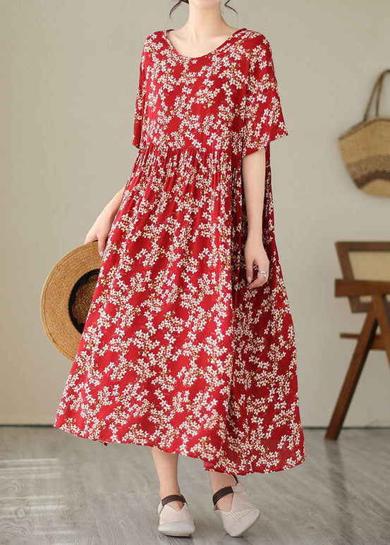 Red O Neck Print Wrinkled Patchwork Chiffon Dresses Summer