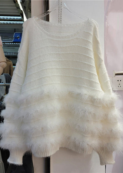 French White O-neck Rabbit Hair Patchwork Cotton Knit Top Fall
