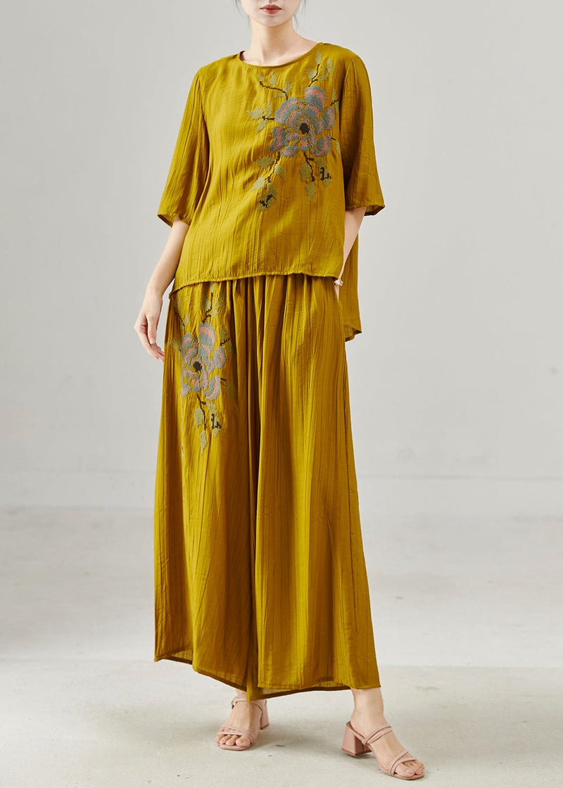 Yellow Embroidered Cotton Two Pieces Set Summer