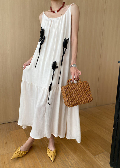 Stylish Beige Decorated Cotton Spaghetti Strap Dress Summer