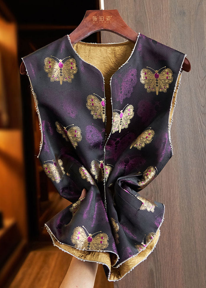 Purple Embroideried Nail Bead Silk Waistcoat Fall
