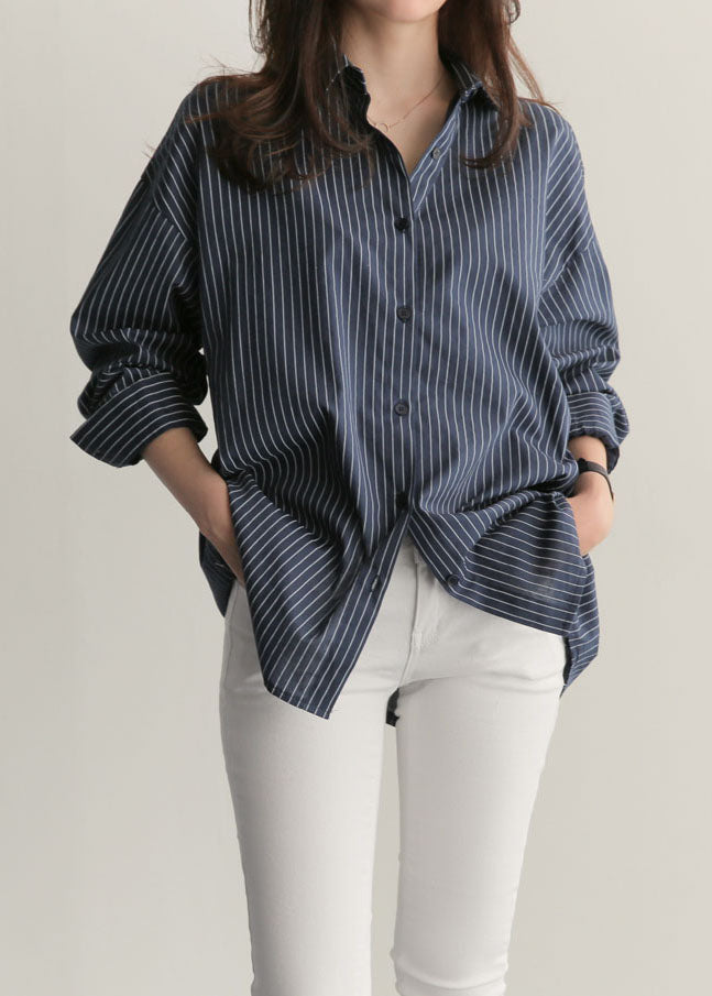 Blue Peter Pan Collar Striped Cotton Shirts Top Spring