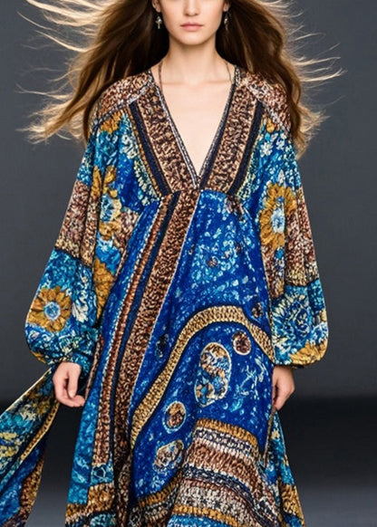 Blue Oversized Print Cotton Maxi Dresses Fall
