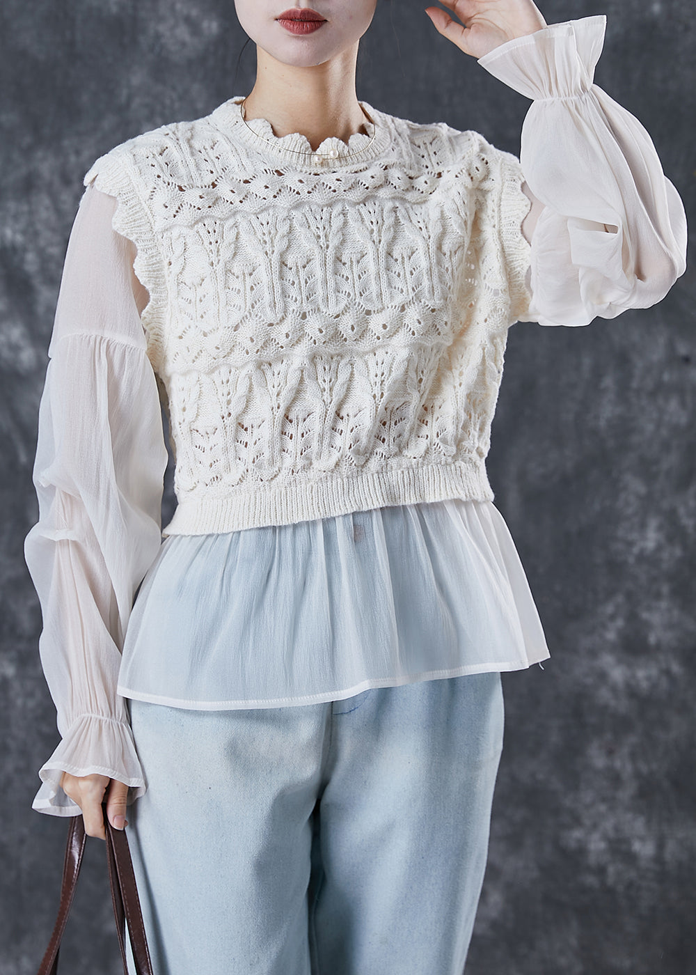 Apricot Patchwork Knit Tops Lantern Sleeve