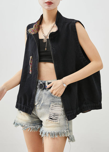 Black Stand Collar Zippered Denim Vest Fall
