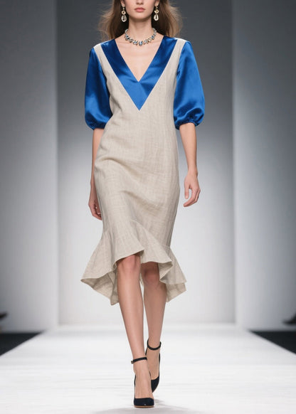 Beige Double-v Neck Patchwork Linen Silk Long Dresses Summer