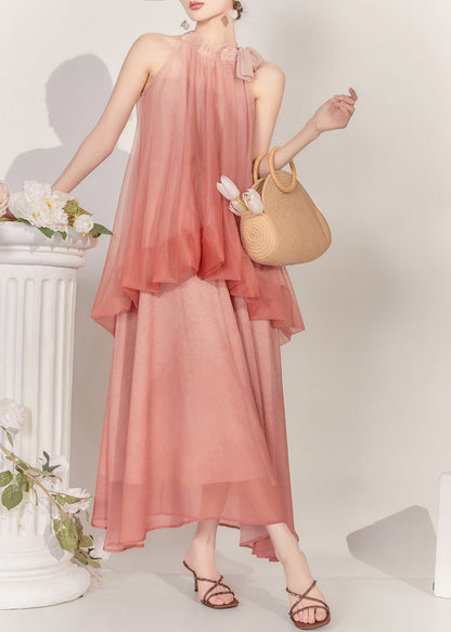Natural Watery Red Cold Shoulder Tulle Vest and Maxi Skirts Two Pieces Set Sleeveless