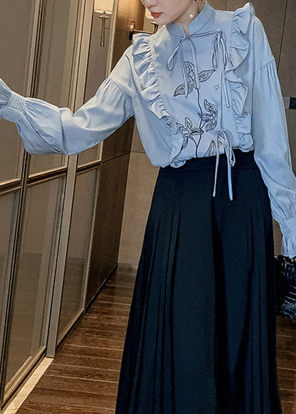 Blue Stand Collar Ruffled Print Tie Waist Button Shirt Long Sleeve