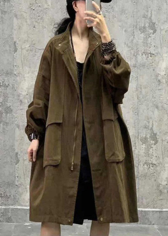 Army Green Stand Collar Zippered Pockets Fall Long Sleeve Trench Coat