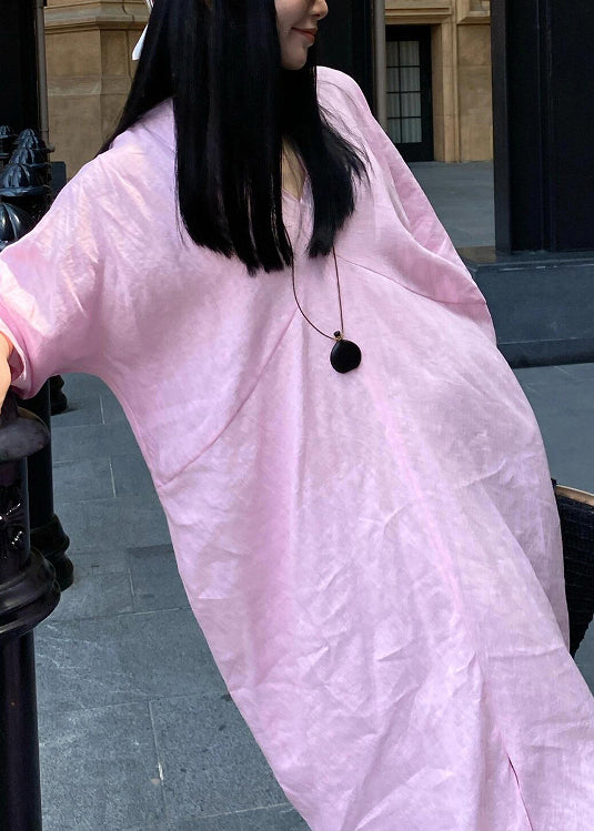 Pink V Neck Cotton Long Dresses Summer