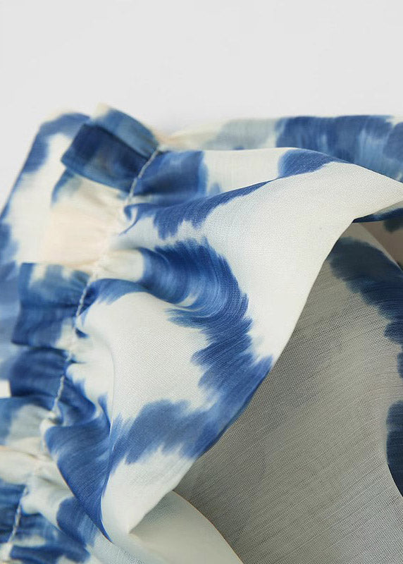 Blue V Neck Print Ruffled Patchwork Organza Mid Dress Summer