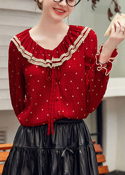 Red V Neck Dot Patchwork Tie Lace Shirt Fall