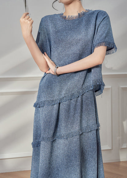 Blue Tassel Patchwork T Shirt and Maxi Skirts Two Pieces Set Short Sleeve