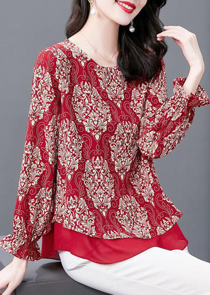 Red O Neck Print Patchwork Chiffon Blouses Flare Sleeve