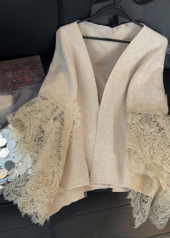 Light Camel V Neck Lace Patchwork Knit Cardigans Spring