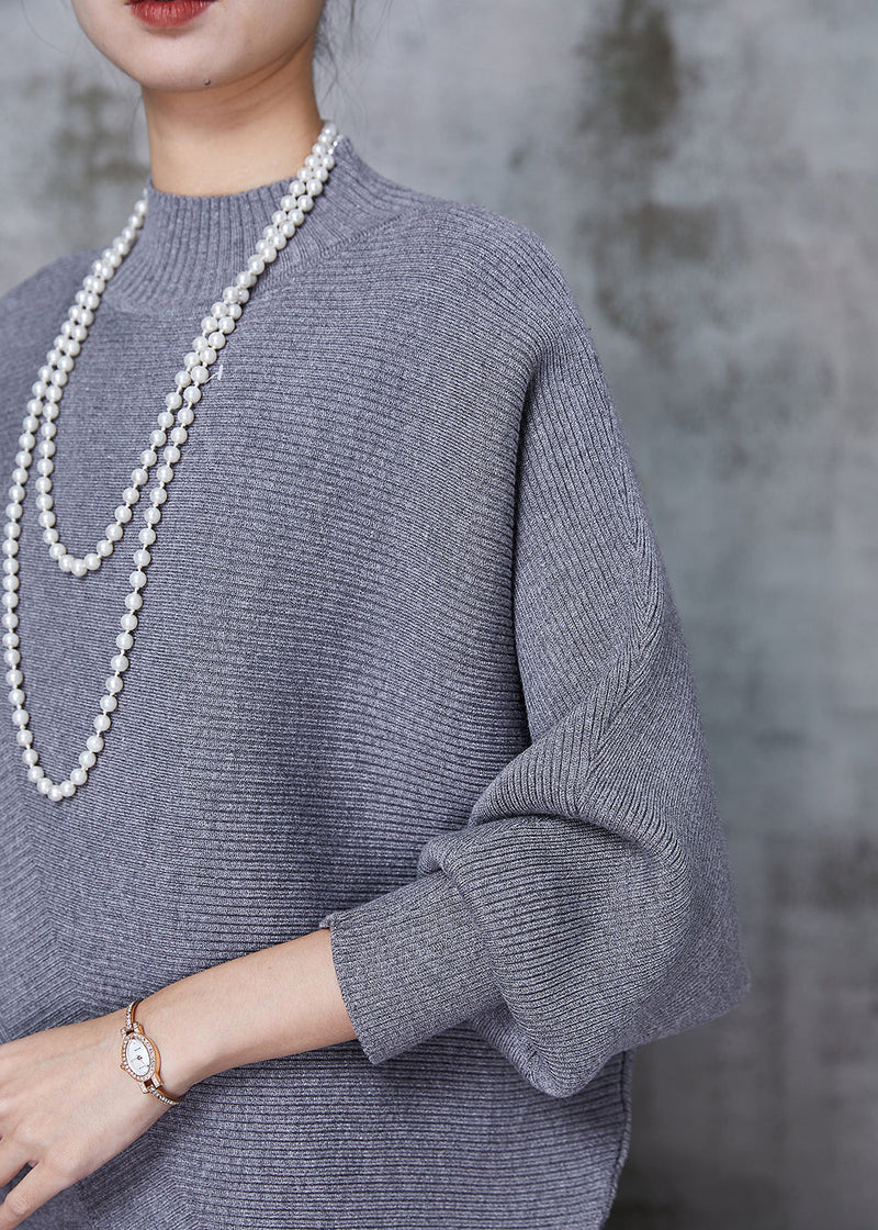 Grey Asymmetrical Design Knit Two Pieces Set Batwing Sleeve