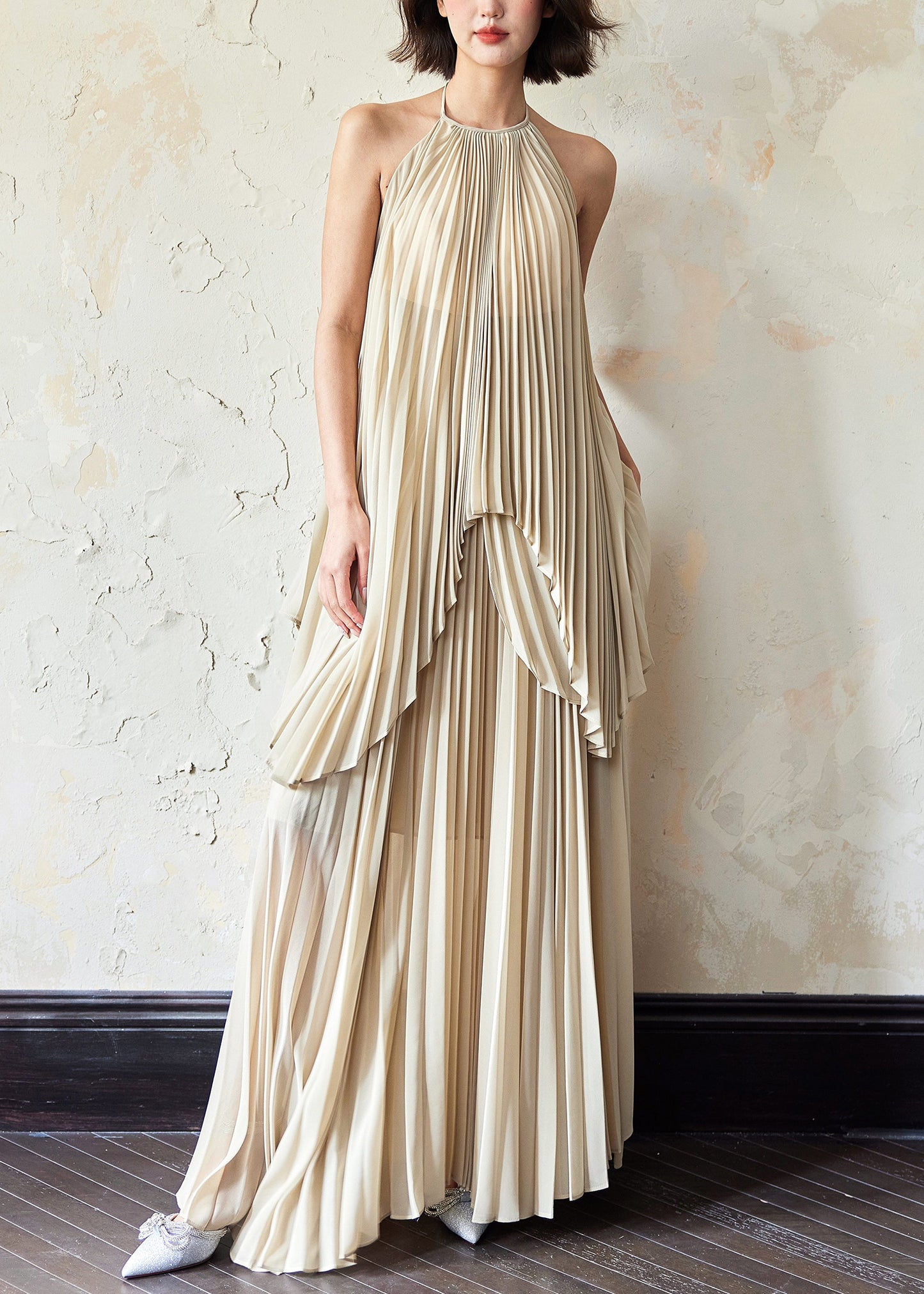 Backless Wrinkled Tops and Skirts Chiffon Two Piece Set Sleeveless