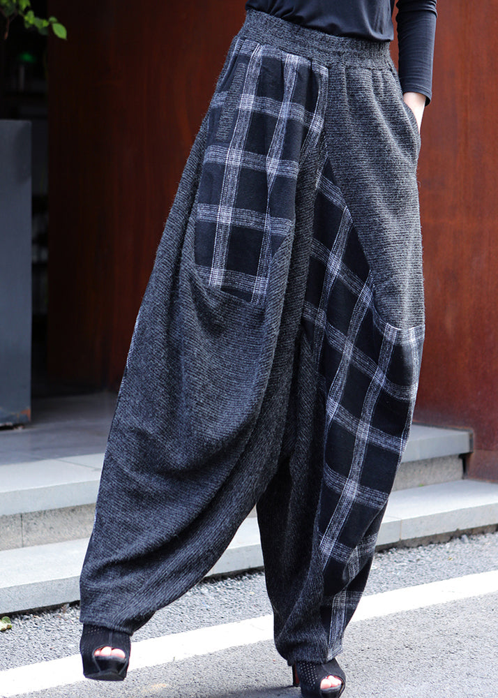 Plaid Patchwork Elastic Waist Lantern Pants Fall