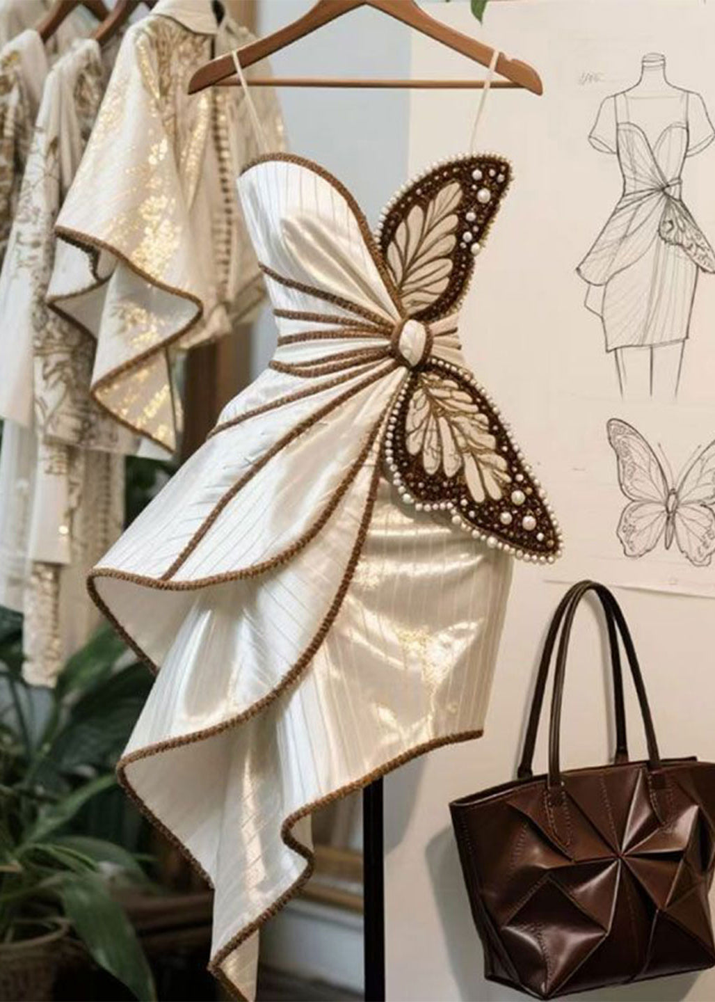 Butterfly Decoration Nail Bead Asymmetrical Dress Design New