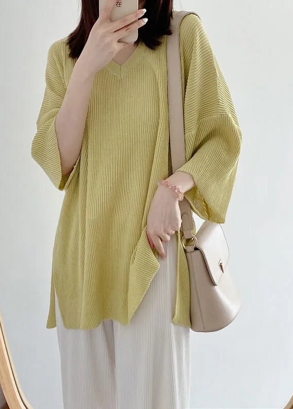 Art White V Neck Side Open Ice Silk Knit T Shirt Bracelet Sleeve