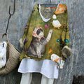 Babushka Cat & Duck Fun Patterned Women's Linen Flowy Shirt elevenforest