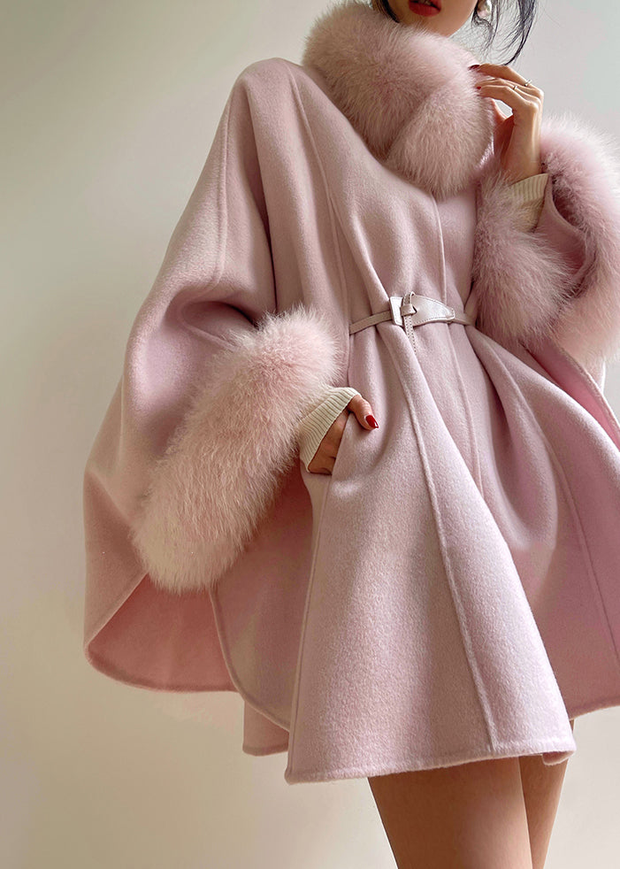 Pink Tie Waist Patchwork Woolen Coat Spring