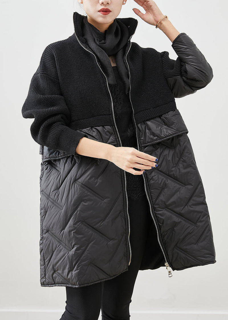 Black Zip Up Patchwork Fine Cotton Filled Knit Coat Winter