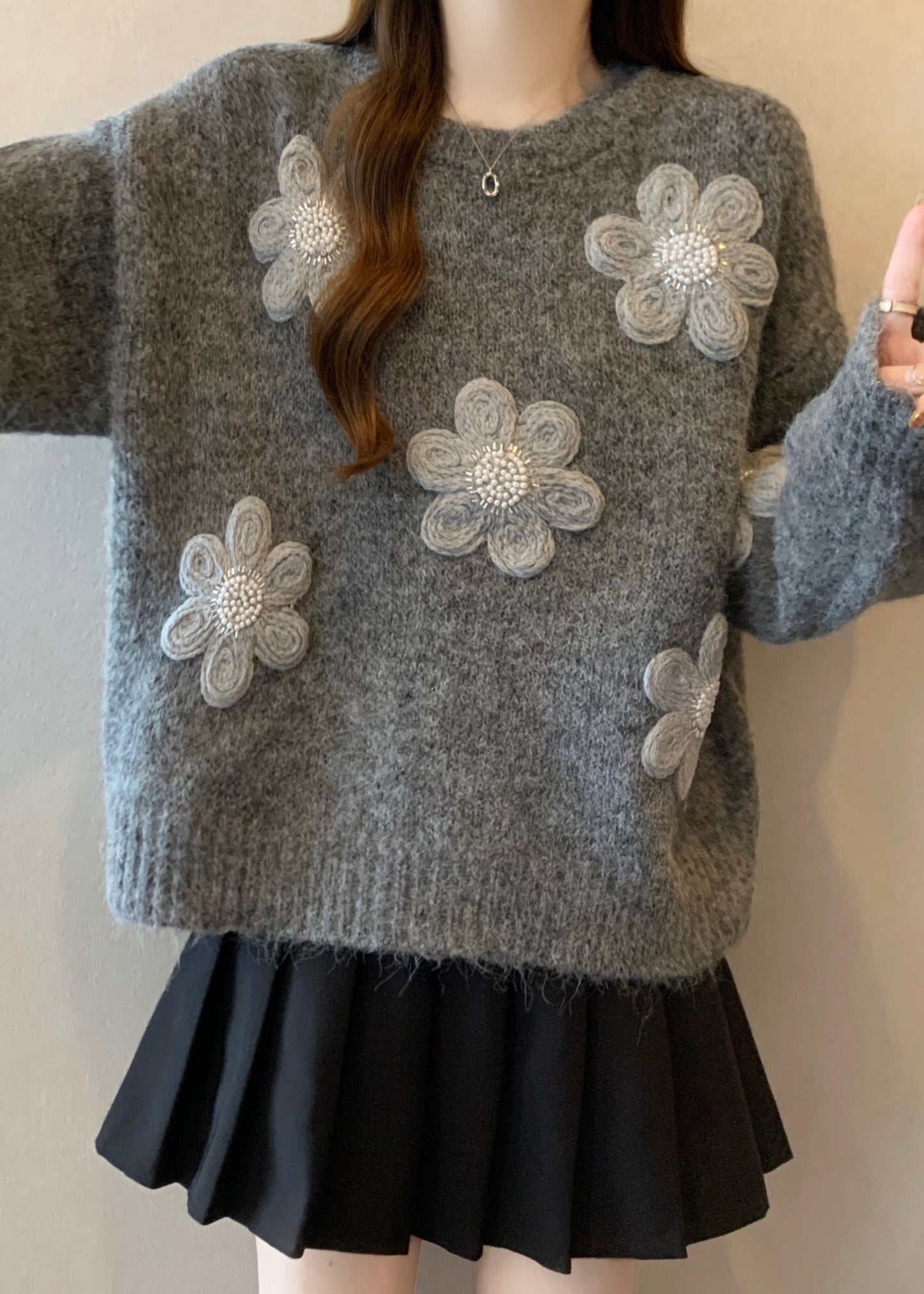 Simple Grey Oversized Knit Sweaters Winter