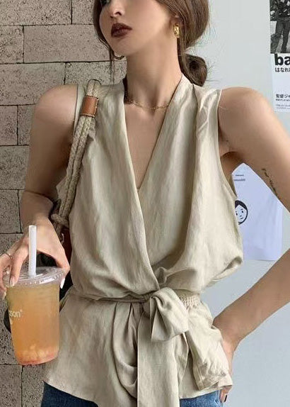 White Tie Waist Linen Vests Sleeveless