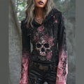 Comstylish A Retro Women's Black-pink Gradient Hooded Top With Gothic Skull And Floral Elements Design For Halloween.