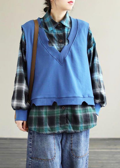 Simple Lapel Two Pieces Spring Crane Tops Work Outfits Blue Top