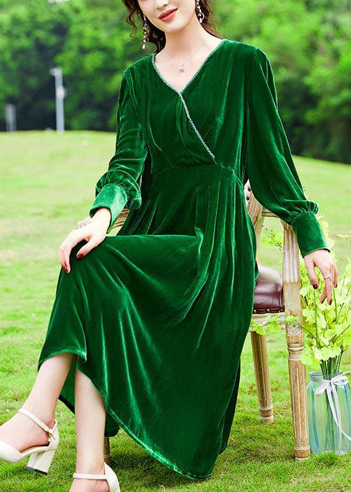 Green V Neck Patchwork Silk Velour Holiday Dress Spring