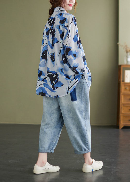 Blue Peterpan Collar Button Print Fall Tops Long Sleeve