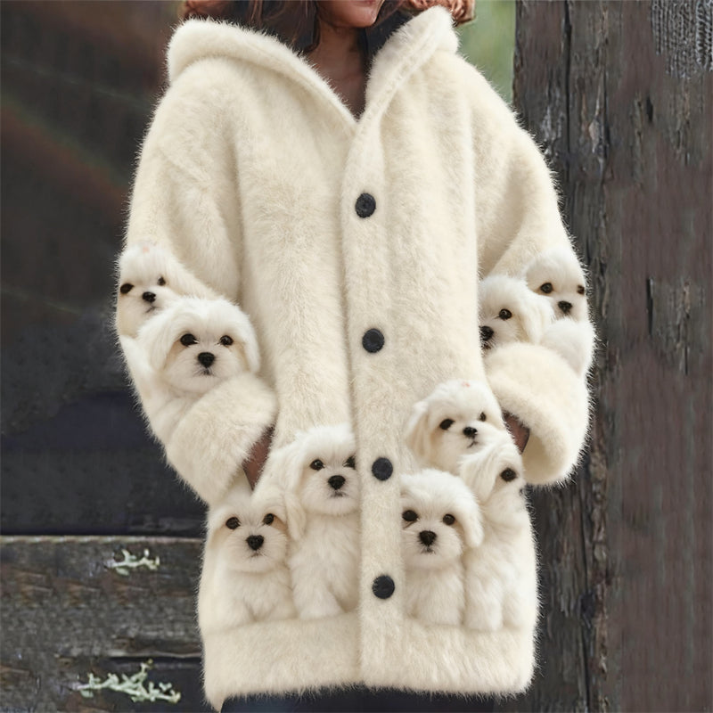 Comstylish Fuzzy Maltese Dogs Art Cozy Knit Hooded Cardigan