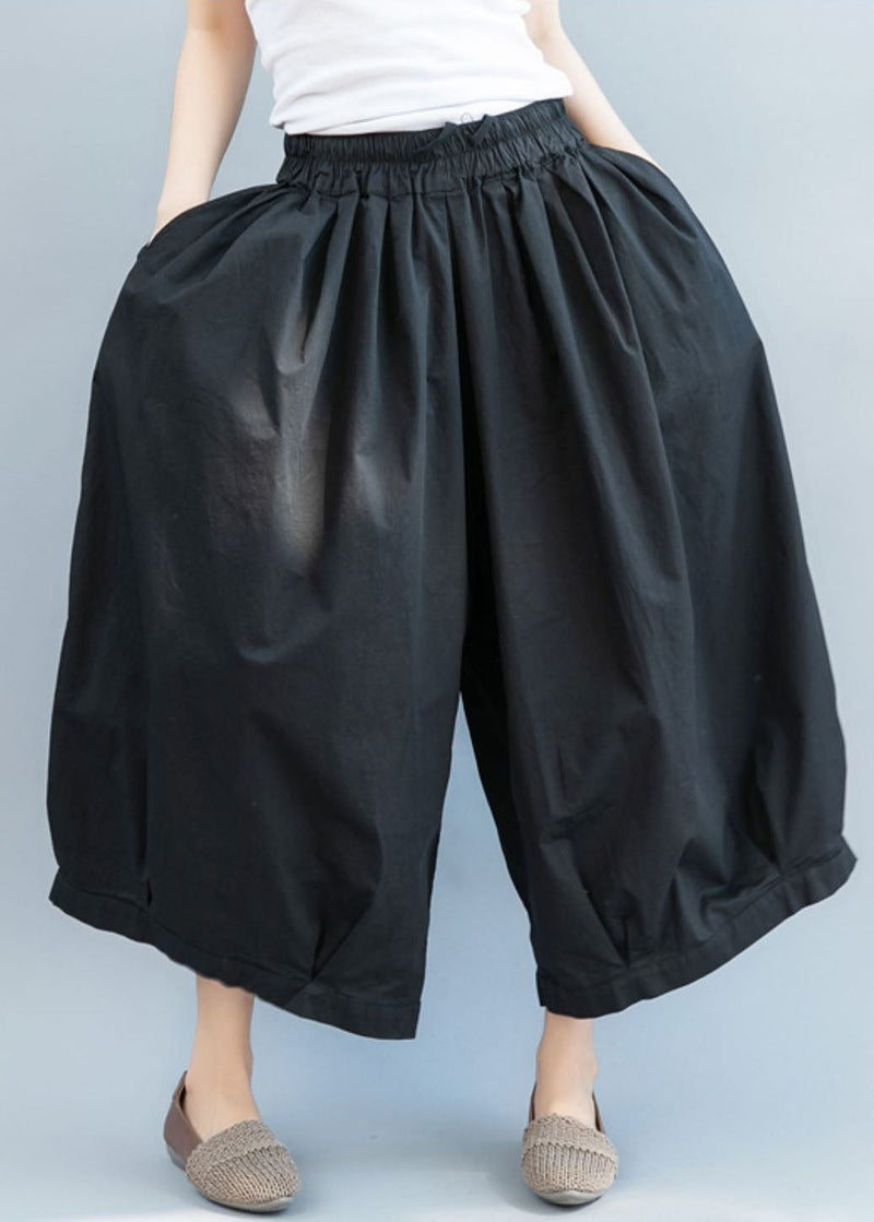 Black Cinched Pockets Cotton Lantern Pants Spring
