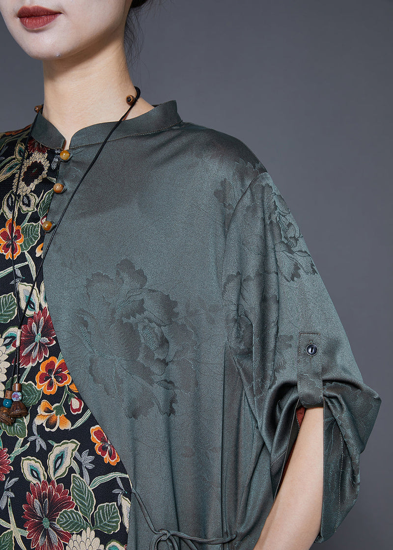 Art Dull Green Print Patchwork Tie Waist Silk Long Dress Fall
