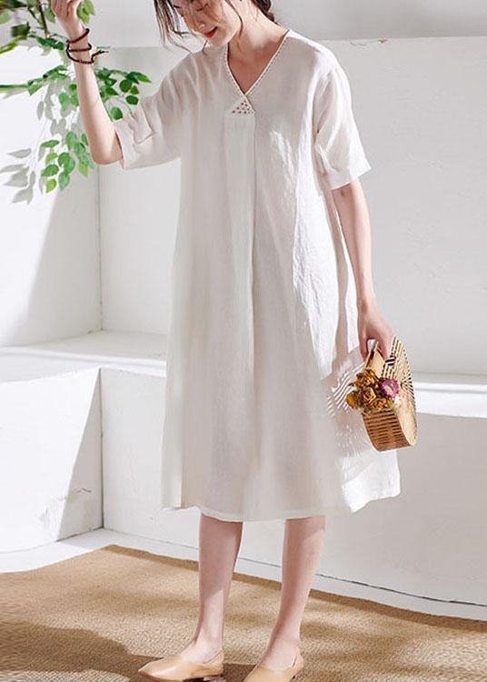 Diy White V Neck Lantern Sleeve Summer Linen Maxi Dress Half Sleeve