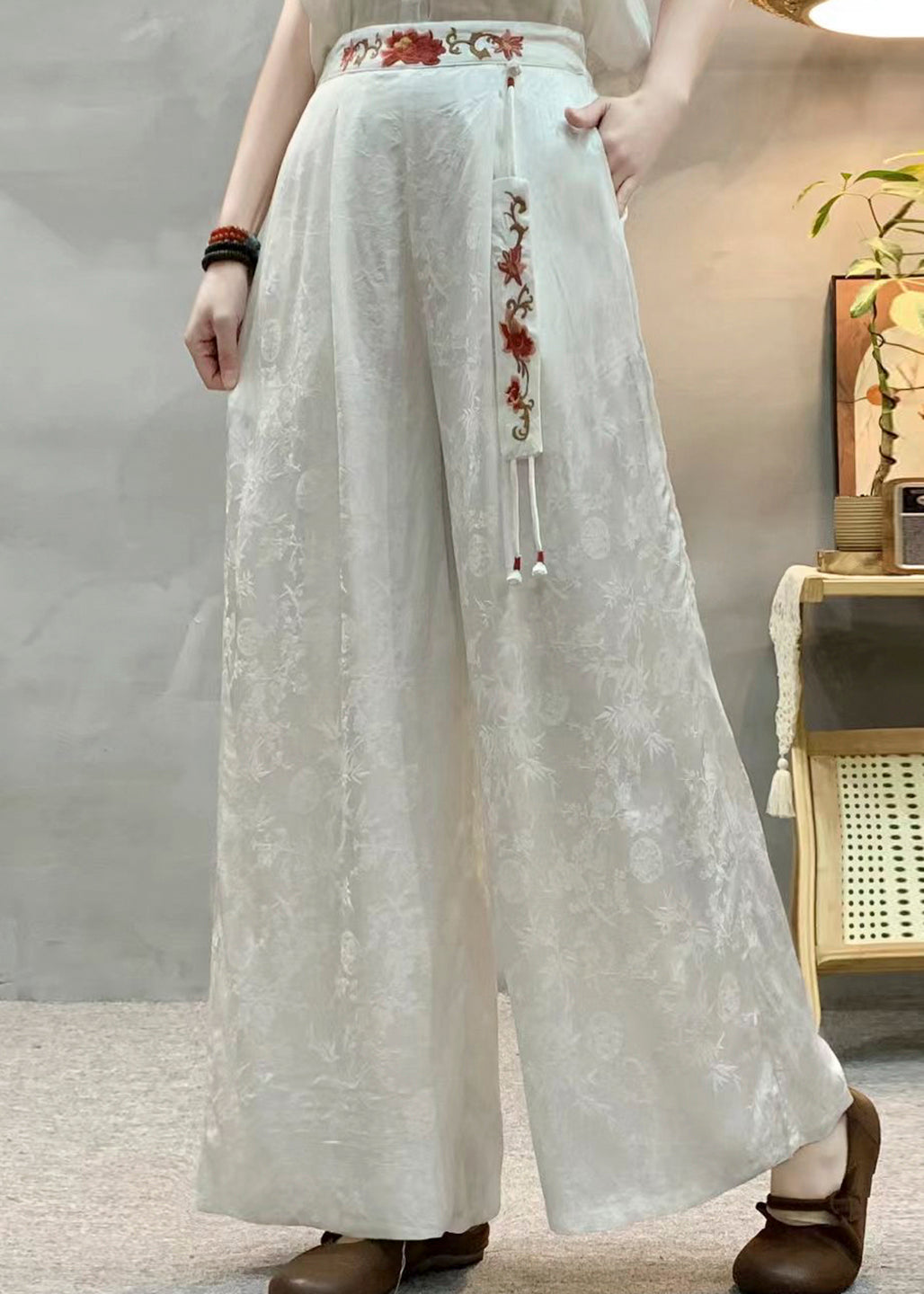 Tea Green Embroidered Jacquard Silk Pants Spring