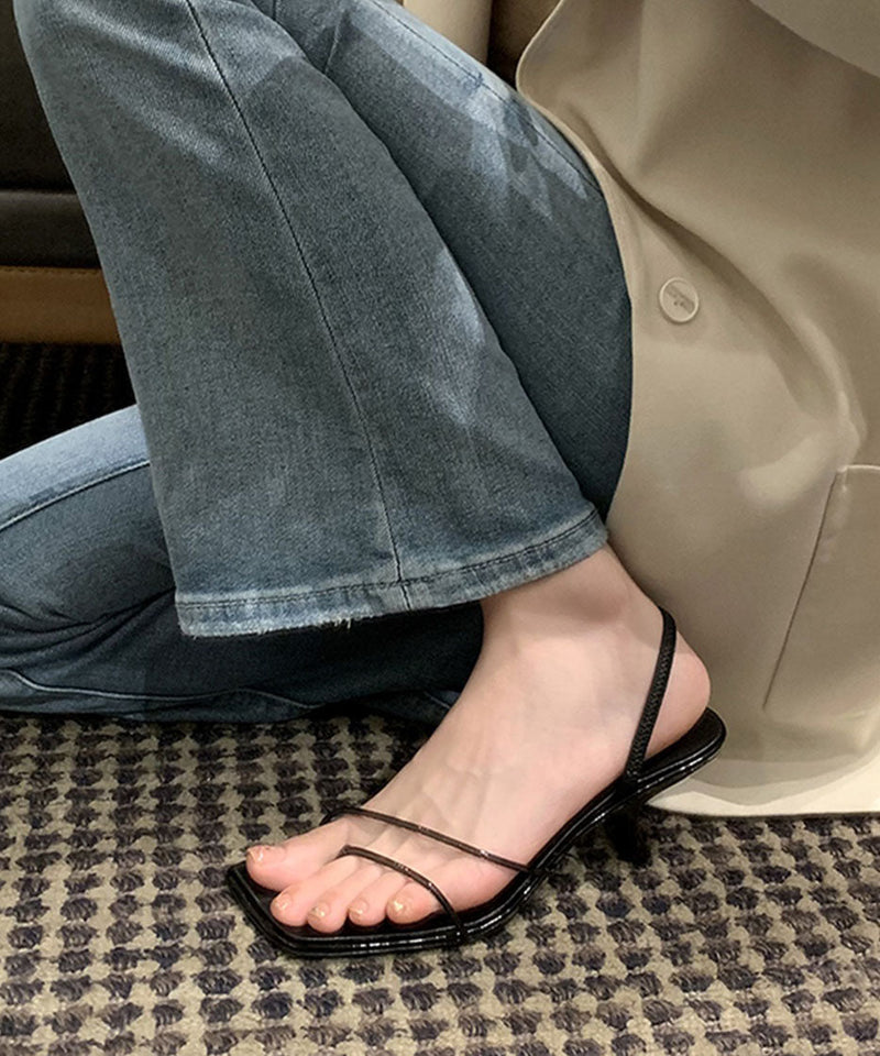 Black Sandals High Heel Cowhide Leather Stylish Peep Toe