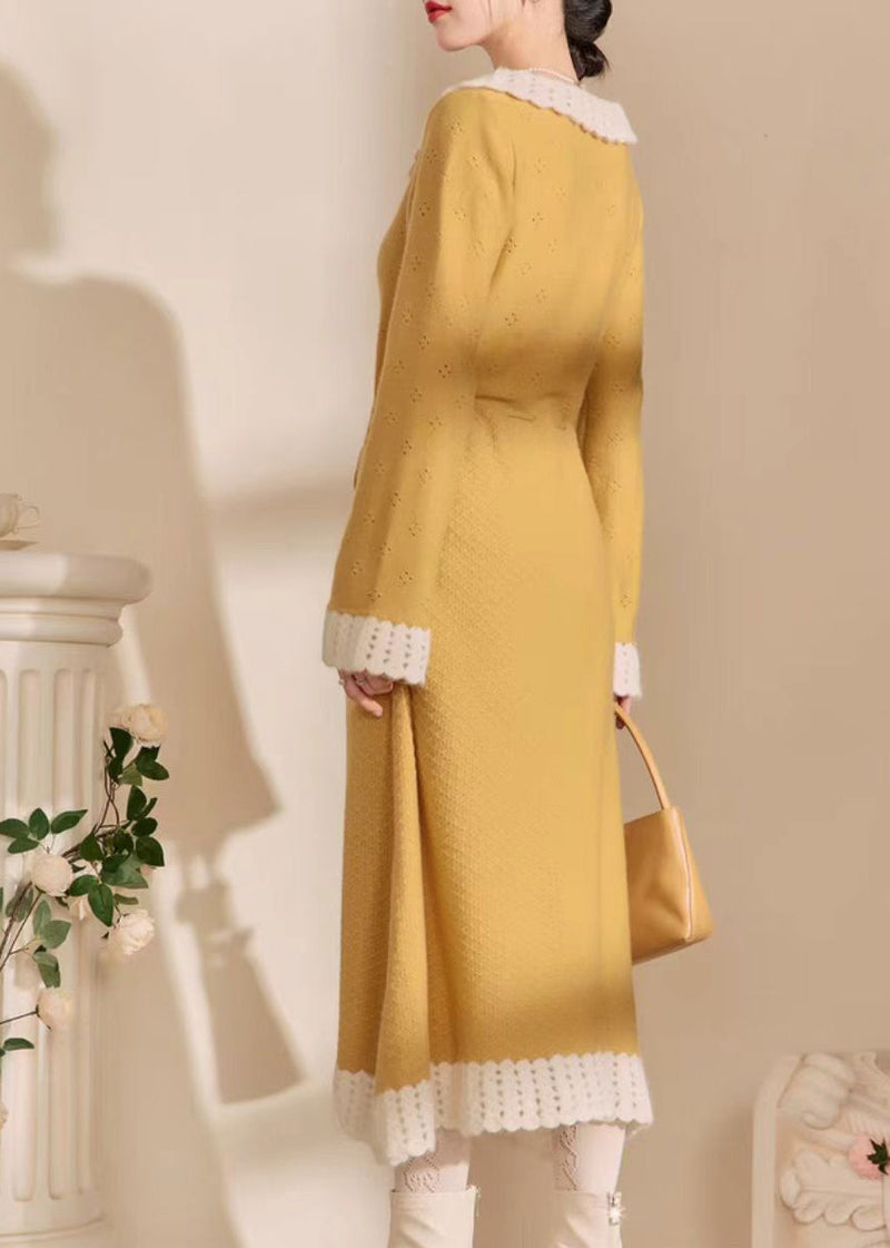 Yellow Peter Pan Collar Tie Waist Hollow Out Long Dress Fall