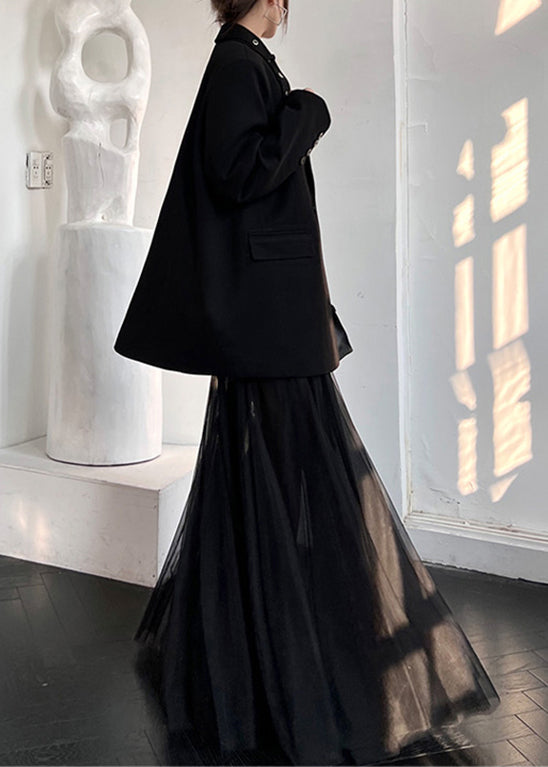 French Black Slash Neck Tulle Holiday Long Slip Dress Sleeveless Summer