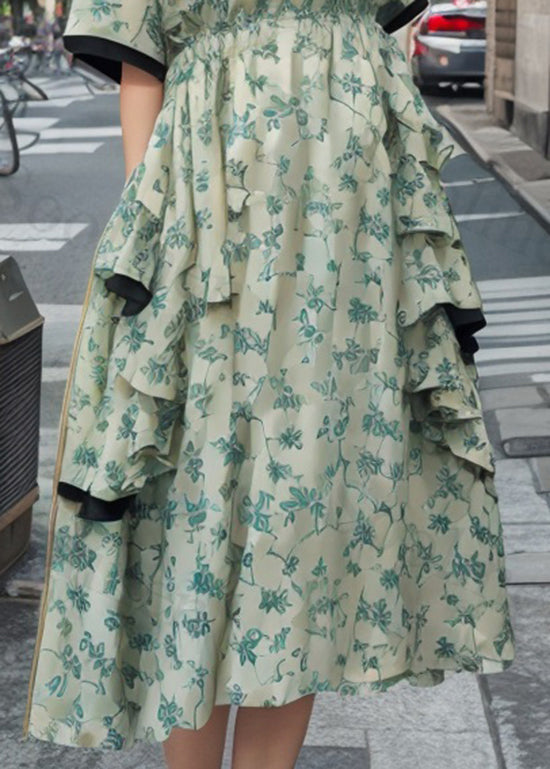 Stylish Green Ruffled Print Patchwork Silk Dresses Summer