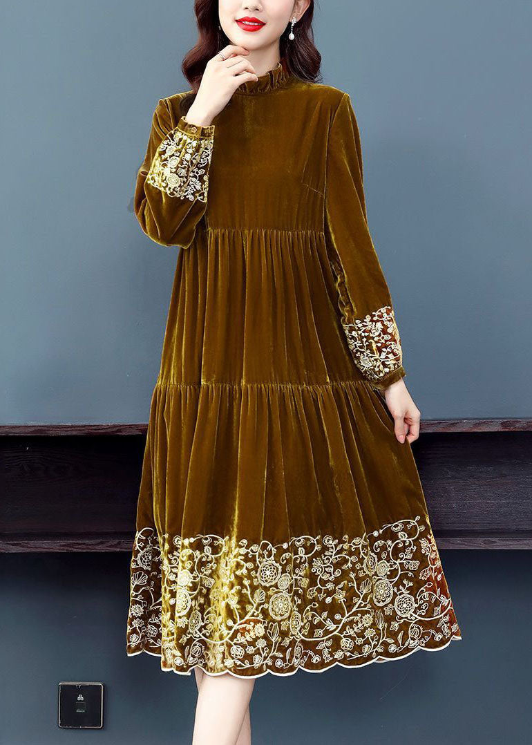 Yellow Ruffled Patchwork Print Velour Dress Spring