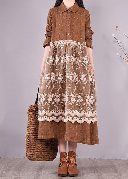 Patchwork Lace Spring Clothes for Catwalk Chocolate Print Long Dresses
