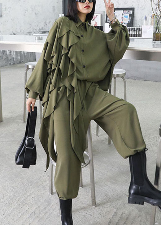 Style Army Green Asymmetrical Design Ruffled Pockets Wide Leg Fall 2 Piece Outfit