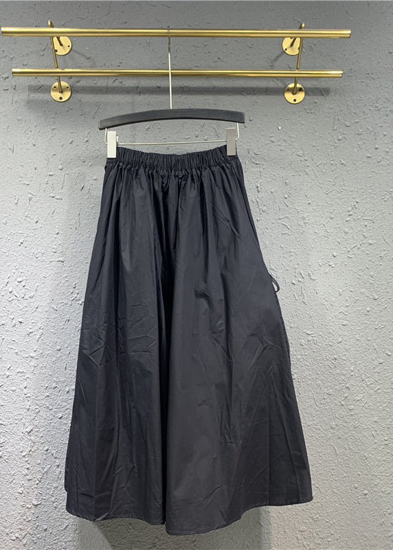 Black Cinched Pockets Elastic Waist Patchwork Cotton Skirt Spring