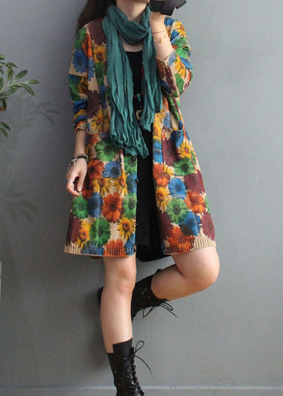 Apricot V Neck Print Pockets Fall Knit Cardigan Long Sleeve