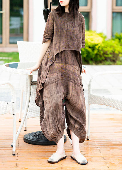 Chocolate O-neck Asymmetrical Linen Top and Lantern Pants Two Pieces Set Summer